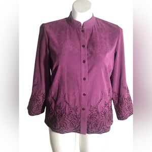 Bob Mackie Wearable Art purple faux suede embroidered blouse Sz Medium